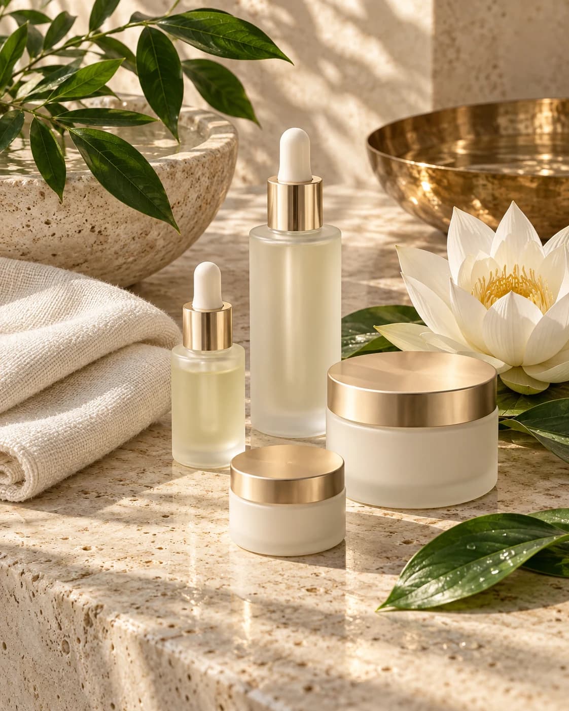 Seruri și produse de îngrijire într-un decor cu lotus și lumină naturală